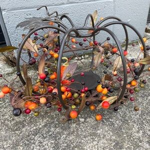 Vintage 15”  Rod Iron Metal Pumpkin w/ Pip Berries Candle Holder